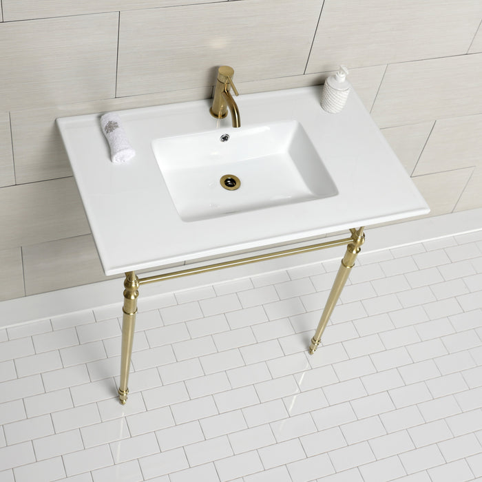 Kingston Heirloom KVPB372271BB - Edwardian 37-Inch Ceramic Console Sink with Brass Legs (1-Hole), White/Brushed Brass