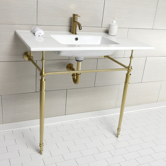 Kingston Heirloom KVPB372271BB - Edwardian 37-Inch Ceramic Console Sink with Brass Legs (1-Hole), White/Brushed Brass