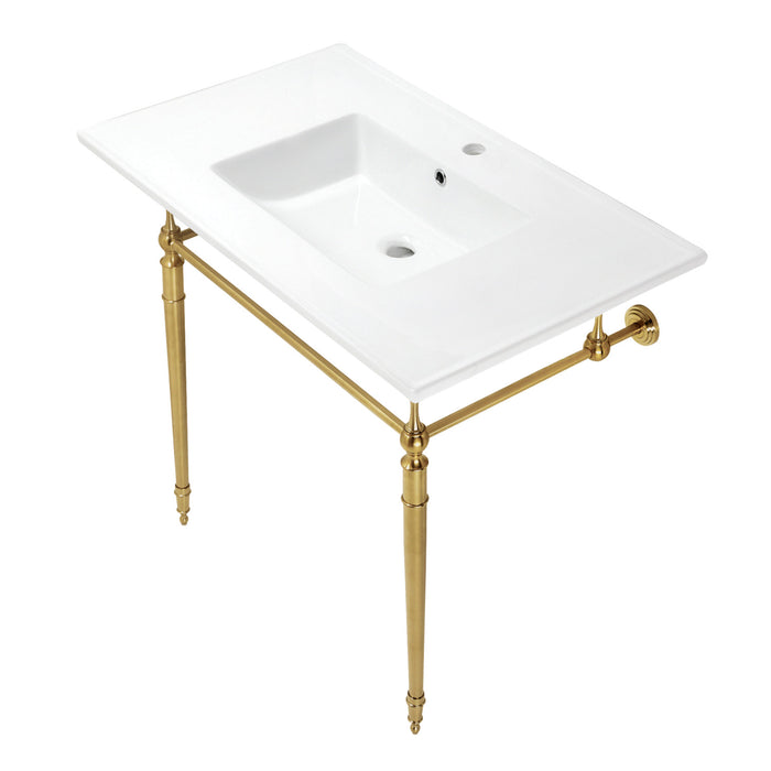 Kingston Heirloom KVPB372271BB - Edwardian 37-Inch Ceramic Console Sink with Brass Legs (1-Hole), White/Brushed Brass