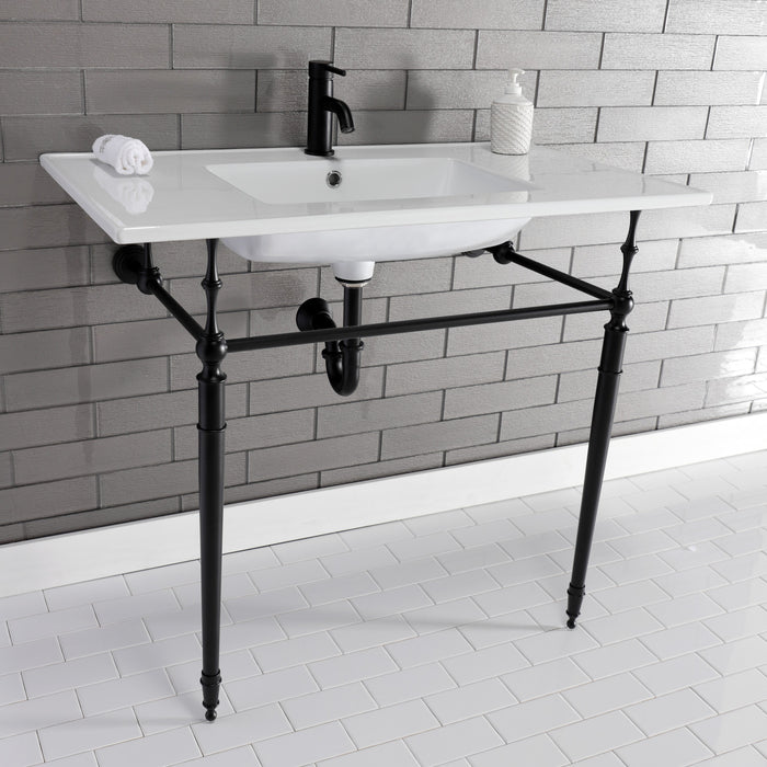 Kingston Heirloom KVPB372271MB - Edwardian 37-Inch Ceramic Console Sink with Brass Legs (1-Hole), White/Matte Black
