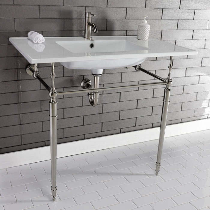 Kingston Heirloom KVPB372271PN - Edwardian 37-Inch Ceramic Console Sink with Brass Legs (1-Hole), White/Polished Nickel