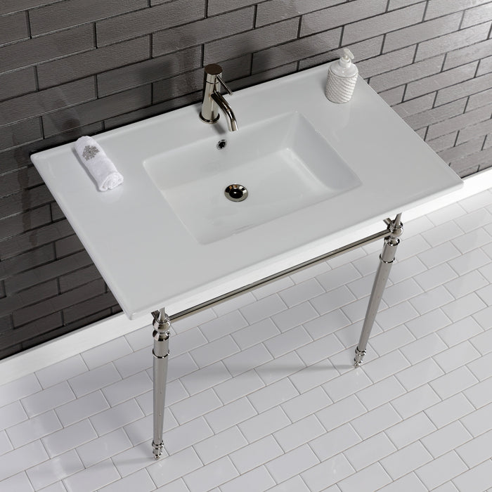 Kingston Heirloom KVPB372271PN - Edwardian 37-Inch Ceramic Console Sink with Brass Legs (1-Hole), White/Polished Nickel