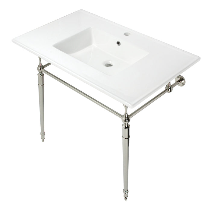 Kingston Heirloom KVPB372271PN - Edwardian 37-Inch Ceramic Console Sink with Brass Legs (1-Hole), White/Polished Nickel