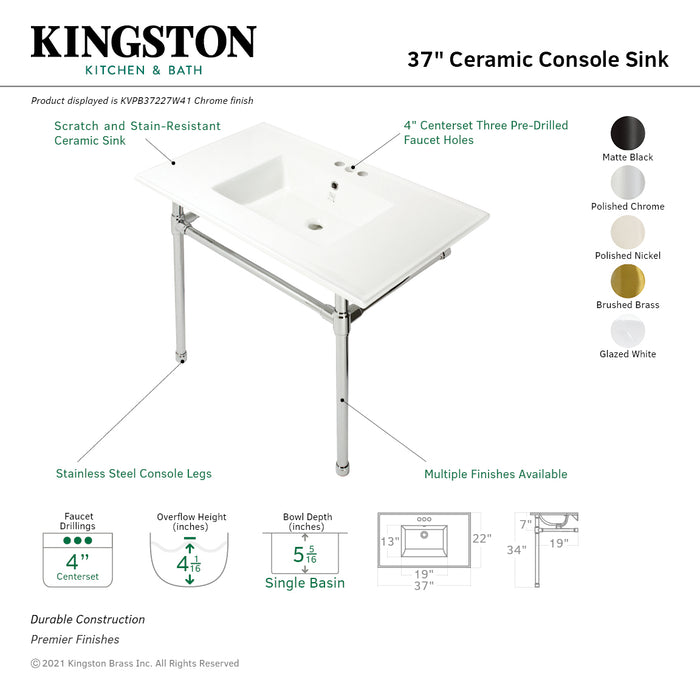 Kingston Tulare KVPB37227W40 - Dreyfuss 37-Inch Ceramic Console Sink with Stainless Steel Legs (4-Inch, 3-Hole), White/Matte Black