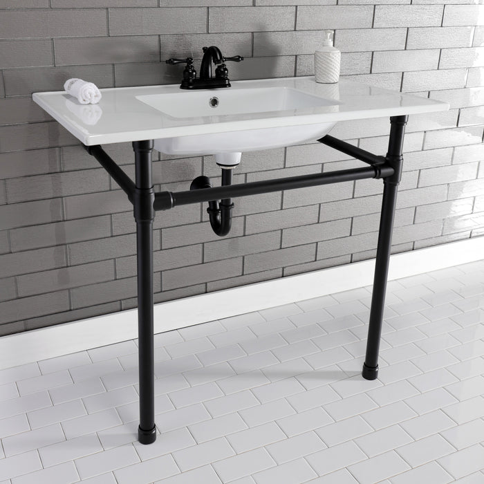 Kingston Tulare KVPB37227W40 - Dreyfuss 37-Inch Ceramic Console Sink with Stainless Steel Legs (4-Inch, 3-Hole), White/Matte Black