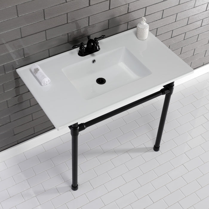 Kingston Tulare KVPB37227W40 - Dreyfuss 37-Inch Ceramic Console Sink with Stainless Steel Legs (4-Inch, 3-Hole), White/Matte Black