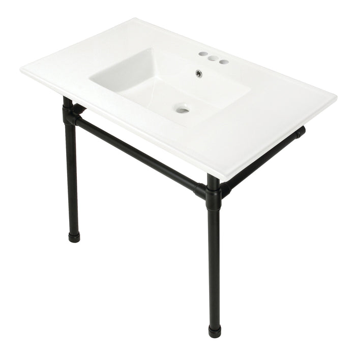 Kingston Tulare KVPB37227W40 - Dreyfuss 37-Inch Ceramic Console Sink with Stainless Steel Legs (4-Inch, 3-Hole), White/Matte Black