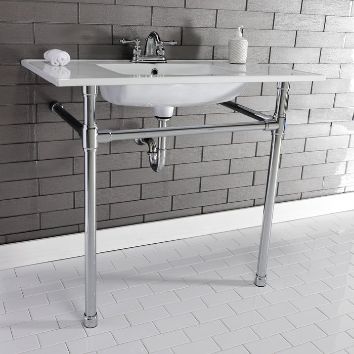 Kingston Tulare KVPB37227W41 - Dreyfuss 37-Inch Ceramic Console Sink with Stainless Steel Legs (4-Inch, 3-Hole), White/Polished Chrome