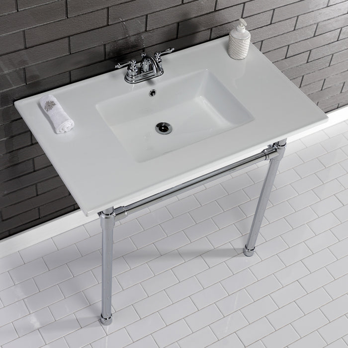 Kingston Tulare KVPB37227W41 - Dreyfuss 37-Inch Ceramic Console Sink with Stainless Steel Legs (4-Inch, 3-Hole), White/Polished Chrome