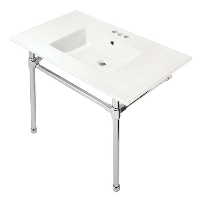 Kingston Tulare KVPB37227W41 - Dreyfuss 37-Inch Ceramic Console Sink with Stainless Steel Legs (4-Inch, 3-Hole), White/Polished Chrome
