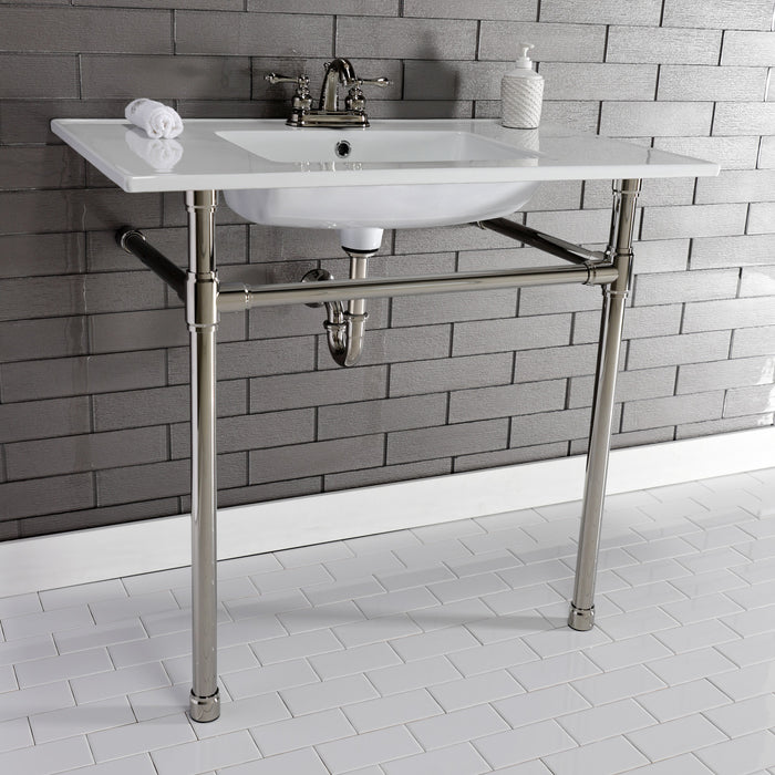 Kingston Tulare KVPB37227W46 - Dreyfuss 37-Inch Ceramic Console Sink with Stainless Steel Legs (4-Inch, 3-Hole), White/Polished Nickel