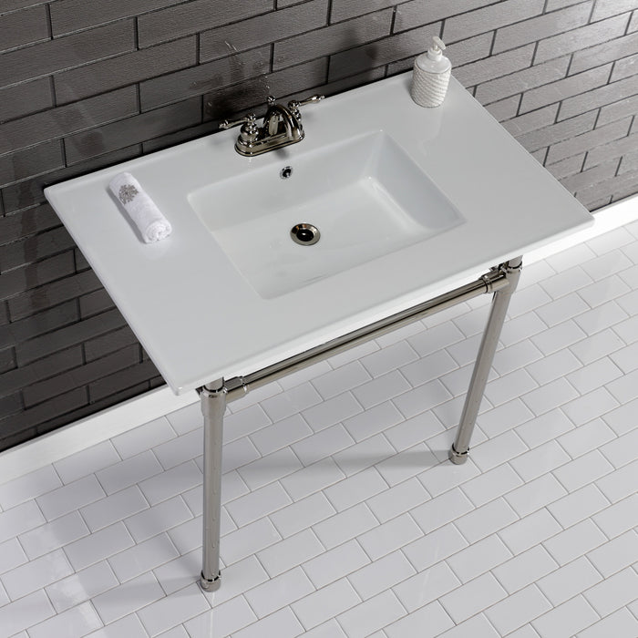 Kingston Tulare KVPB37227W46 - Dreyfuss 37-Inch Ceramic Console Sink with Stainless Steel Legs (4-Inch, 3-Hole), White/Polished Nickel