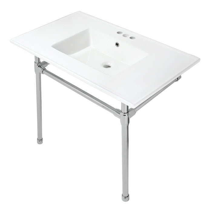 Kingston Tulare KVPB37227W46 - Dreyfuss 37-Inch Ceramic Console Sink with Stainless Steel Legs (4-Inch, 3-Hole), White/Polished Nickel