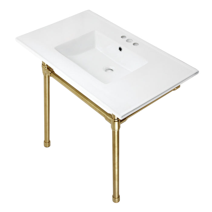 Kingston Tulare KVPB37227W47 - Dreyfuss 37-Inch Ceramic Console Sink with Stainless Steel Legs (4-Inch, 3-Hole), White/Brushed Brass
