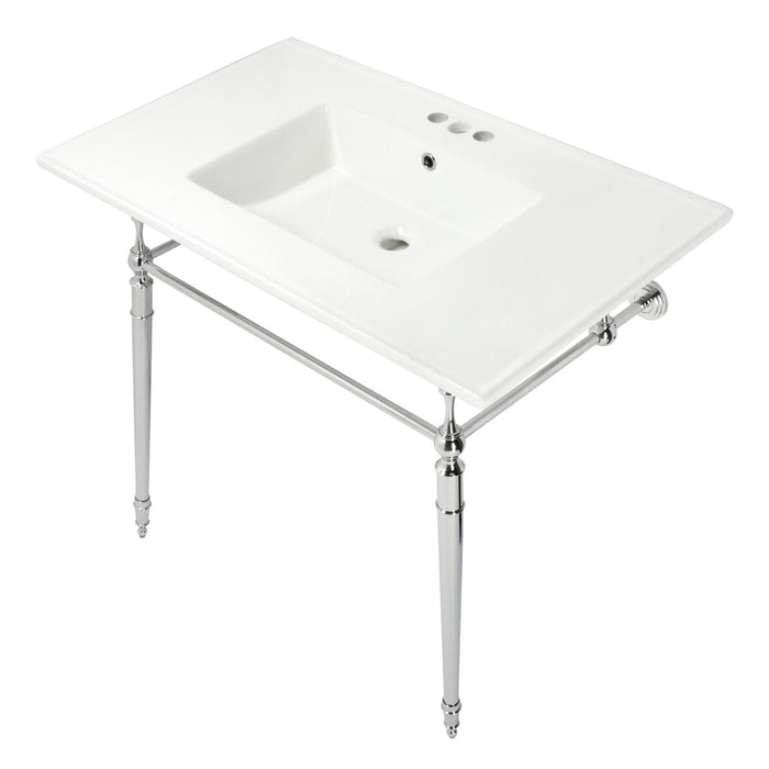 Kingston Heirloom KVPB37227W4CP - Edwardian 37-Inch Ceramic Console Sink with Brass Legs (4-Inch, 3-Hole), White/Polished Chrome