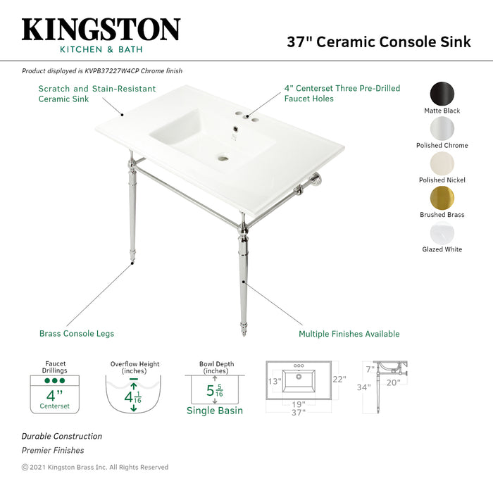 Kingston Heirloom KVPB37227W4MB - Edwardian 37-Inch Ceramic Console Sink with Brass Legs (4-Inch, 3-Hole), White/Matte Black