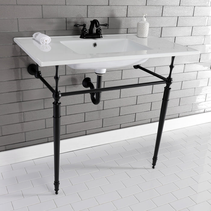 Kingston Heirloom KVPB37227W4MB - Edwardian 37-Inch Ceramic Console Sink with Brass Legs (4-Inch, 3-Hole), White/Matte Black