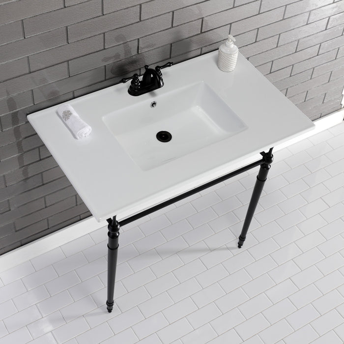 Kingston Heirloom KVPB37227W4MB - Edwardian 37-Inch Ceramic Console Sink with Brass Legs (4-Inch, 3-Hole), White/Matte Black