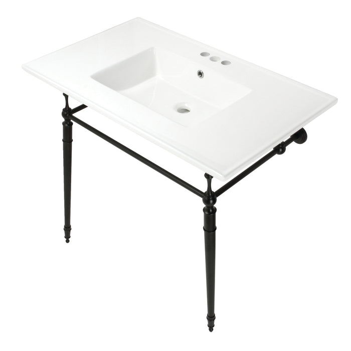 Kingston Heirloom KVPB37227W4MB - Edwardian 37-Inch Ceramic Console Sink with Brass Legs (4-Inch, 3-Hole), White/Matte Black