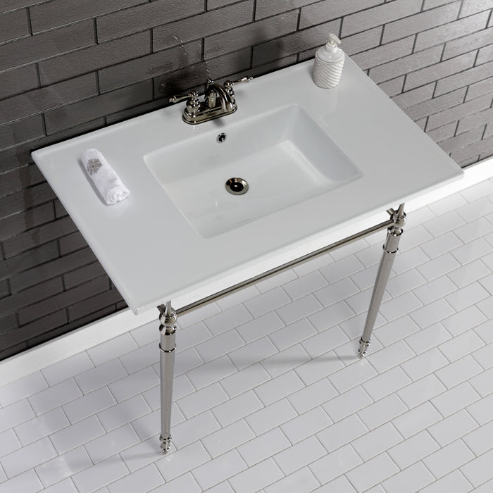 Kingston Heirloom KVPB37227W4PN - Edwardian 37-Inch Ceramic Console Sink with Brass Legs (4-Inch, 3-Hole), White/Polished Nickel
