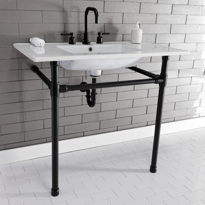 Kingston Tulare KVPB37227W80 - Dreyfuss 37-Inch Ceramic Console Sink with Stainless Steel Legs (8-Inch, 3-Hole), White/Matte Black