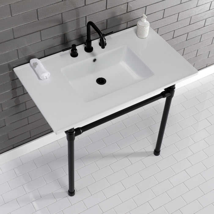 Kingston Tulare KVPB37227W80 - Dreyfuss 37-Inch Ceramic Console Sink with Stainless Steel Legs (8-Inch, 3-Hole), White/Matte Black