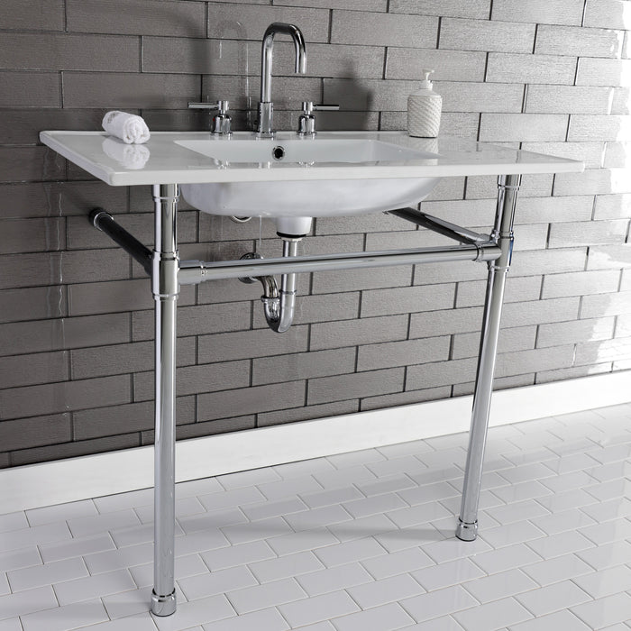 Kingston Tulare KVPB37227W81 - Dreyfuss 37-Inch Ceramic Console Sink with Stainless Steel Legs (8-Inch, 3-Hole), White/Polished Chrome