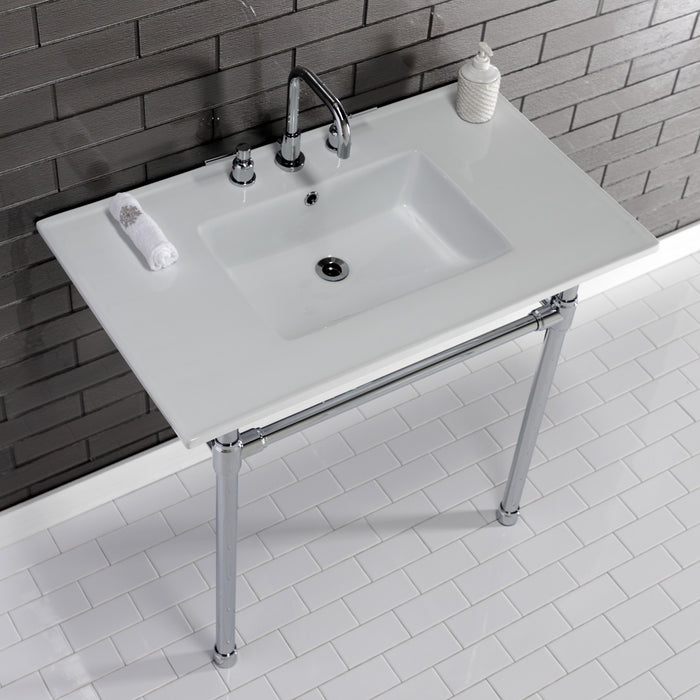 Kingston Tulare KVPB37227W81 - Dreyfuss 37-Inch Ceramic Console Sink with Stainless Steel Legs (8-Inch, 3-Hole), White/Polished Chrome