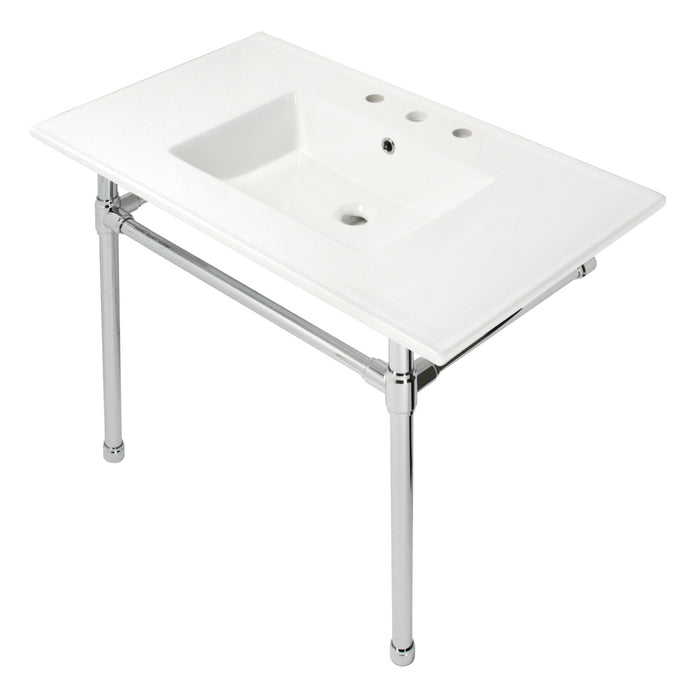 Kingston Tulare KVPB37227W81 - Dreyfuss 37-Inch Ceramic Console Sink with Stainless Steel Legs (8-Inch, 3-Hole), White/Polished Chrome