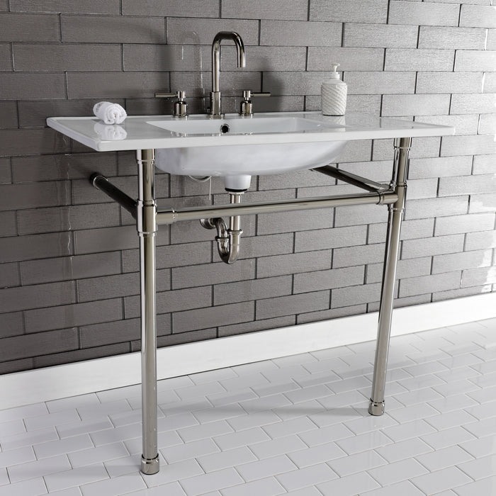Kingston Tulare KVPB37227W86 - Dreyfuss 37-Inch Ceramic Console Sink with Stainless Steel Legs (8-Inch, 3-Hole), White/Polished Nickel