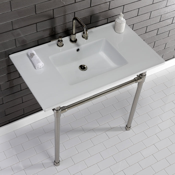 Kingston Tulare KVPB37227W86 - Dreyfuss 37-Inch Ceramic Console Sink with Stainless Steel Legs (8-Inch, 3-Hole), White/Polished Nickel