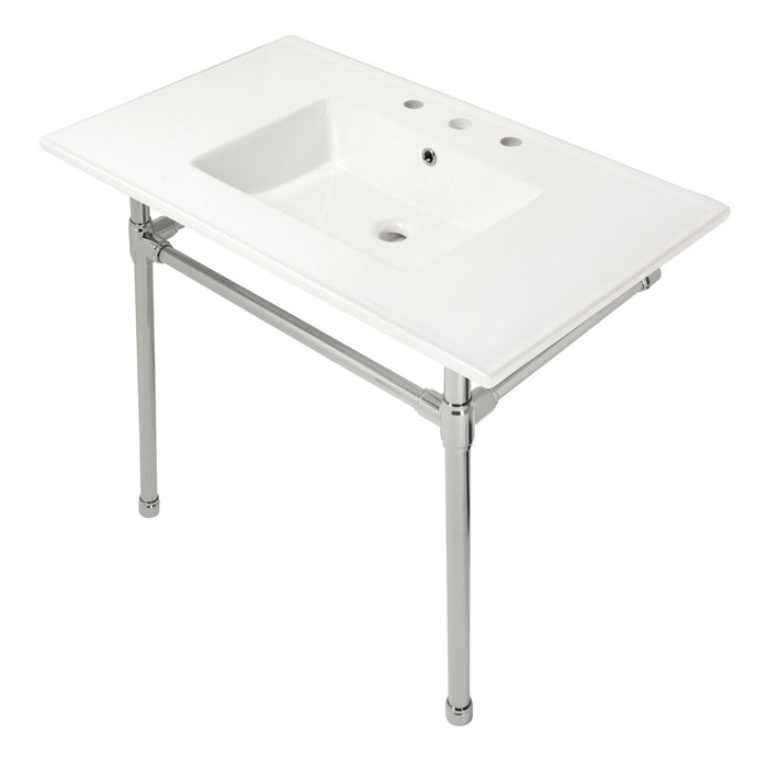 Kingston Tulare KVPB37227W86 - Dreyfuss 37-Inch Ceramic Console Sink with Stainless Steel Legs (8-Inch, 3-Hole), White/Polished Nickel