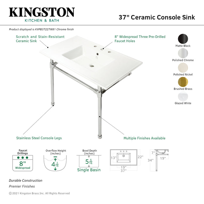 Kingston Tulare KVPB37227W87 - Dreyfuss 37-Inch Ceramic Console Sink with Stainless Steel Legs (8-Inch, 3-Hole), White/Brushed Brass