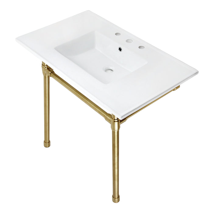 Kingston Tulare KVPB37227W87 - Dreyfuss 37-Inch Ceramic Console Sink with Stainless Steel Legs (8-Inch, 3-Hole), White/Brushed Brass