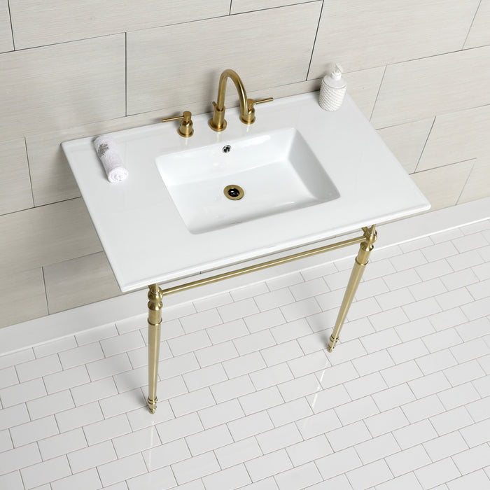 Kingston Heirloom KVPB37227W8BB - Edwardian 37-Inch Ceramic Console Sink with Brass Legs (8-Inch, 3-Hole), White/Brushed Brass