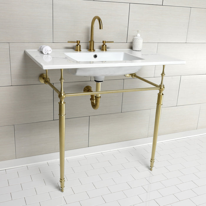Kingston Heirloom KVPB37227W8BB - Edwardian 37-Inch Ceramic Console Sink with Brass Legs (8-Inch, 3-Hole), White/Brushed Brass