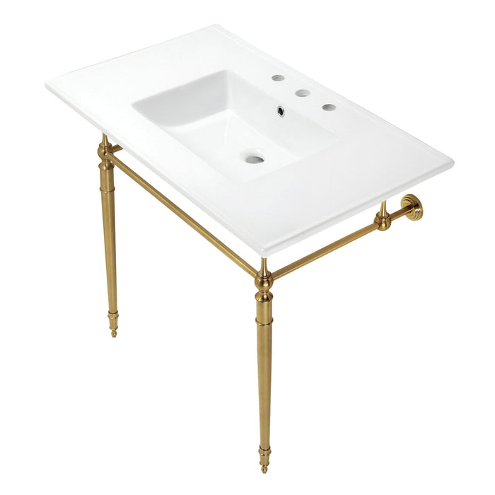 Kingston Heirloom KVPB37227W8BB - Edwardian 37-Inch Ceramic Console Sink with Brass Legs (8-Inch, 3-Hole), White/Brushed Brass