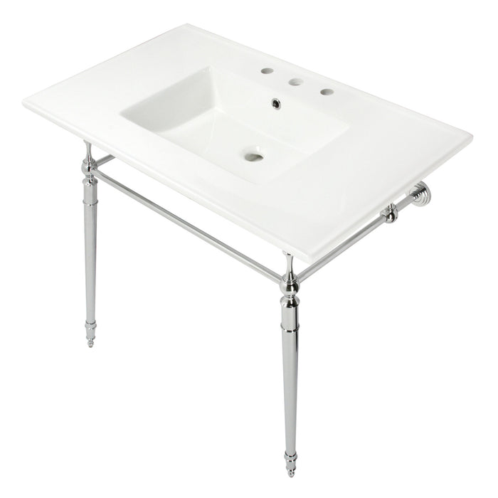 Kingston Heirloom KVPB37227W8CP - Edwardian 37-Inch Ceramic Console Sink with Brass Legs (8-Inch, 3-Hole), White/Polished Chrome