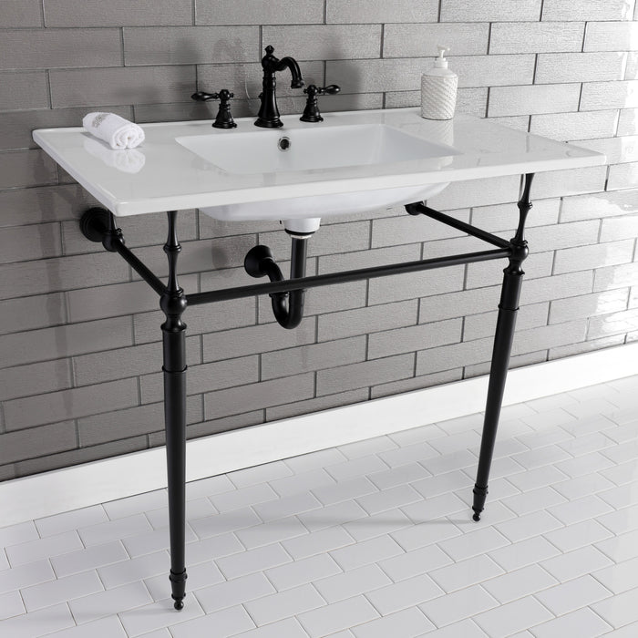 Kingston Heirloom KVPB37227W8MB - Edwardian 37-Inch Ceramic Console Sink with Brass Legs (8-Inch, 3-Hole), White/Matte Black