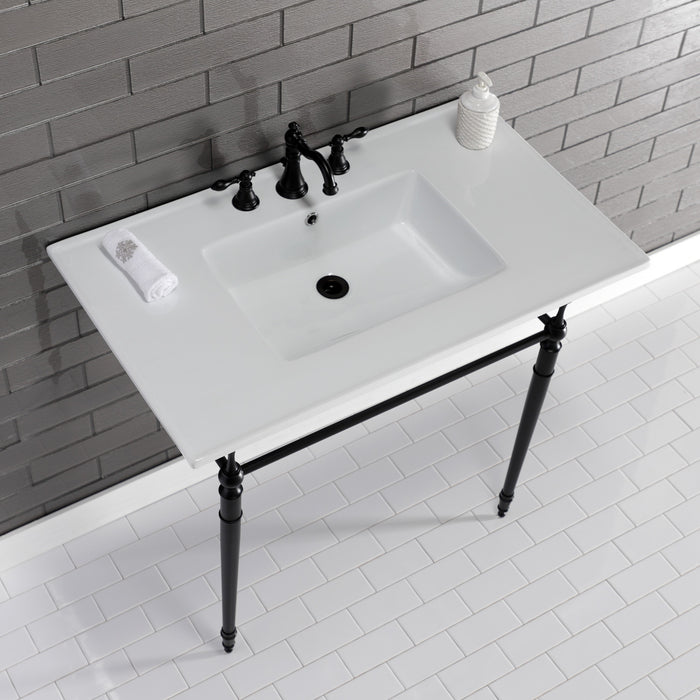 Kingston Heirloom KVPB37227W8MB - Edwardian 37-Inch Ceramic Console Sink with Brass Legs (8-Inch, 3-Hole), White/Matte Black