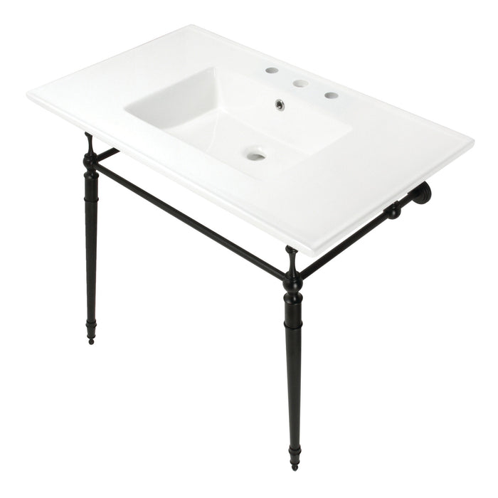 Kingston Heirloom KVPB37227W8MB - Edwardian 37-Inch Ceramic Console Sink with Brass Legs (8-Inch, 3-Hole), White/Matte Black