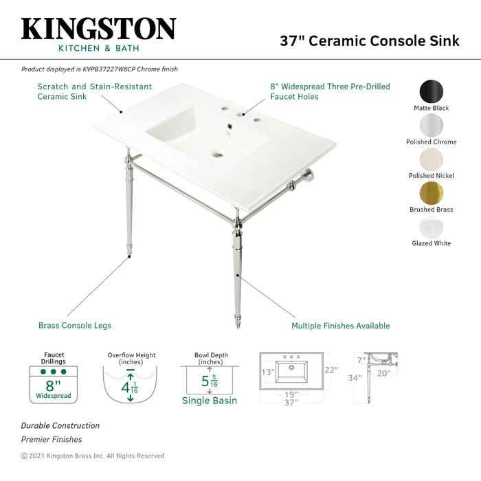 Kingston Heirloom KVPB37227W8PN - Edwardian 37-Inch Ceramic Console Sink with Brass Legs (8-Inch, 3-Hole), White/Polished Nickel