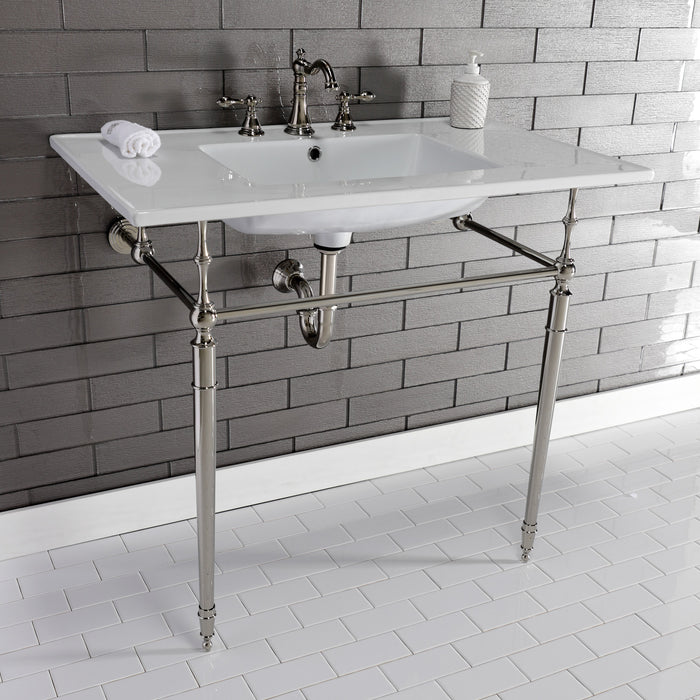 Kingston Heirloom KVPB37227W8PN - Edwardian 37-Inch Ceramic Console Sink with Brass Legs (8-Inch, 3-Hole), White/Polished Nickel