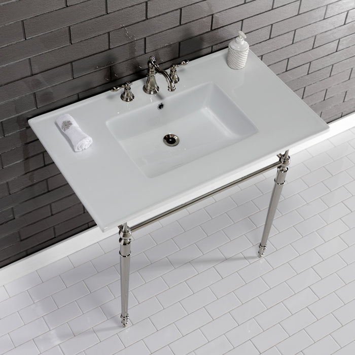 Kingston Heirloom KVPB37227W8PN - Edwardian 37-Inch Ceramic Console Sink with Brass Legs (8-Inch, 3-Hole), White/Polished Nickel