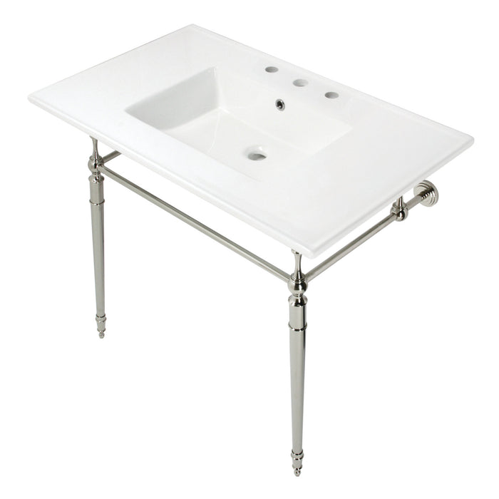 Kingston Heirloom KVPB37227W8PN - Edwardian 37-Inch Ceramic Console Sink with Brass Legs (8-Inch, 3-Hole), White/Polished Nickel
