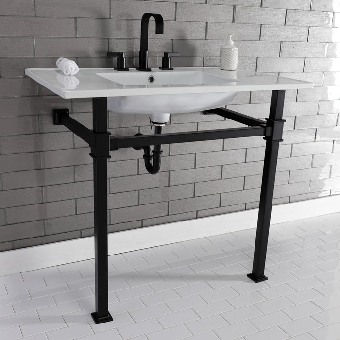 Kingston Sona KVPB37228Q0 - Monarch 37-Inch Ceramic Console Sink with Stainless Steel Legs (8-Inch, 3-Hole), White/Matte Black