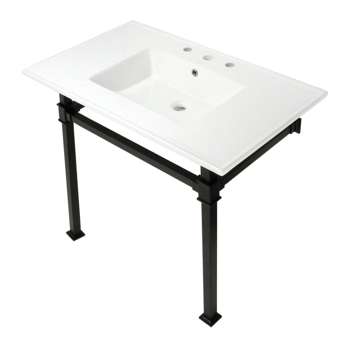 Kingston Sona KVPB37228Q0 - Monarch 37-Inch Ceramic Console Sink with Stainless Steel Legs (8-Inch, 3-Hole), White/Matte Black