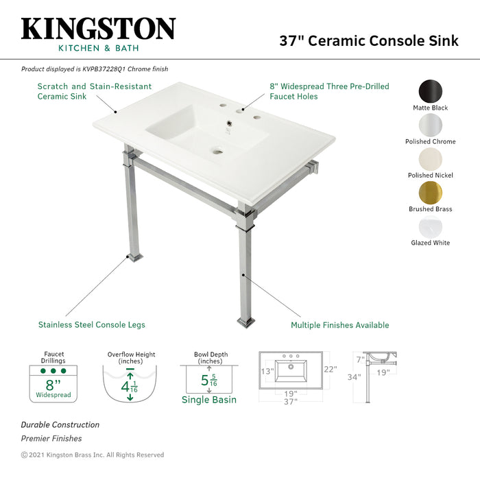 Kingston Sona KVPB37228Q1 - Monarch 37-Inch Ceramic Console Sink with Stainless Steel Legs (8-Inch, 3-Hole), White/Polished Chrome