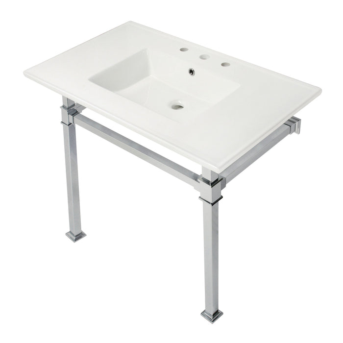 Kingston Sona KVPB37228Q1 - Monarch 37-Inch Ceramic Console Sink with Stainless Steel Legs (8-Inch, 3-Hole), White/Polished Chrome