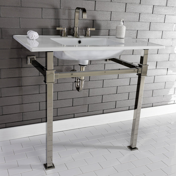 Kingston Sona KVPB37228Q6 - Monarch 37-Inch Ceramic Console Sink with Stainless Steel Legs (8-Inch, 3-Hole), White/Polished Nickel